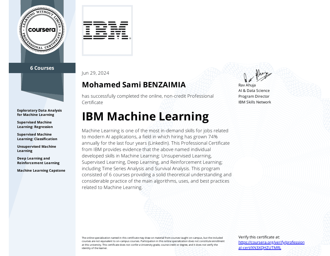 IBM Machine Learning Certificate