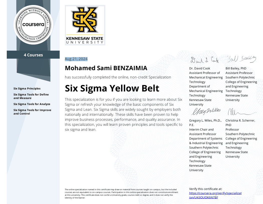  Six Sigma Yellow Belt Certificate